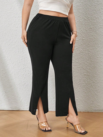 Plus Size Elegant Black Flared Pants With Side Pockets And Leg Slit, Suitable For Business, Commute, Shopping, And Party