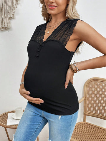 Maternity Solid Color Slim Fit Lace Panel Tank Top