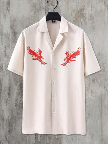 Men's Short Sleeve Button-Down Shirt With Bird Print