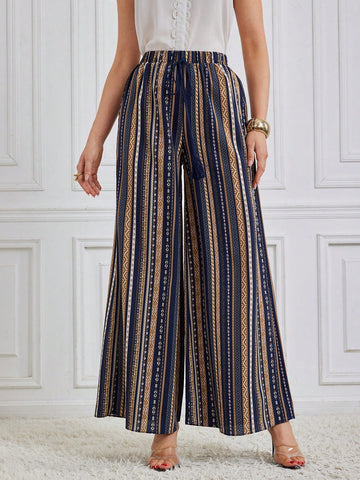 Women's Striped High Waisted Belted Pants