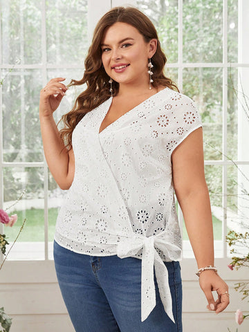 Summer Plus Size Wedding Solid Color Eyelet Embroidery Tie Wrap White Shirt