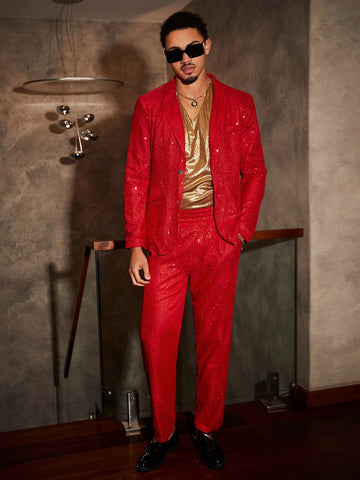 Men's Knitted Casual Sequined Blazer And Pants Set