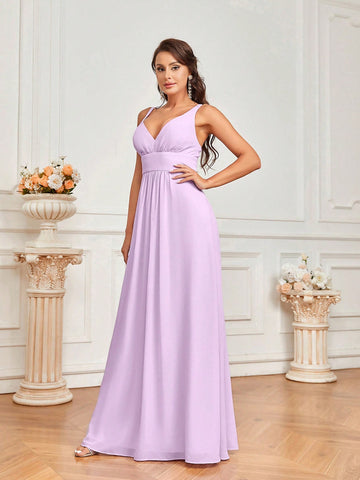 Elegant Romantic Pink Purple Light Orchid Color With Flowy Sling Skirt V-Neck Ruched Bodice And Crisscross Back Straps A Pendulum Suitable For Wedding Season, Music Festival, Mother's Day, Graduation Season Party Bridesmaid Dress