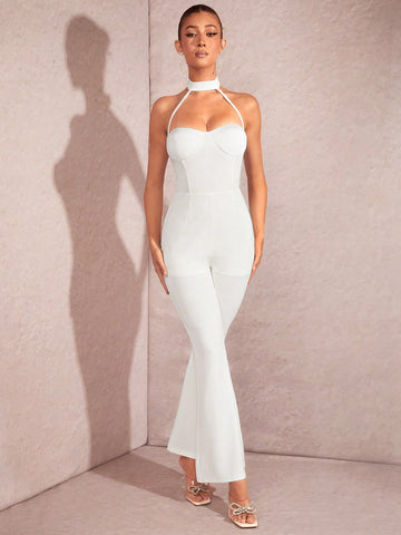 Women's Solid White Color Plunging Neckline Cupped Tight Fit Jumpsuit With Flared Bottom, Summer
