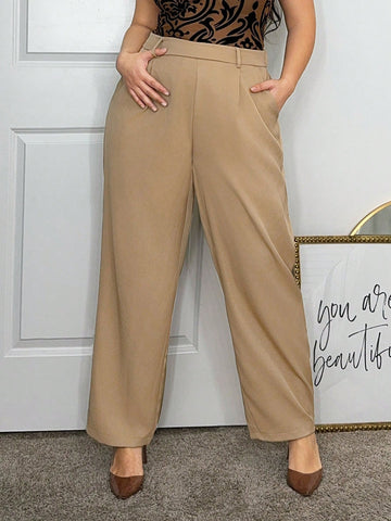 Plus Size Women's Mid-Waist Drawstring Elastic Hem Slant Pocket Long Pants