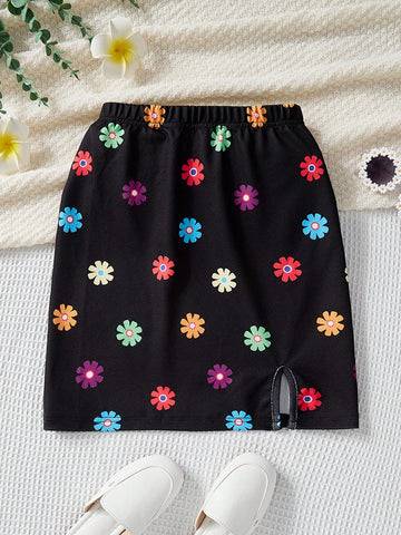 Tween Girls' Knitted Floral Print Bodycon Casual Mini Skirt
