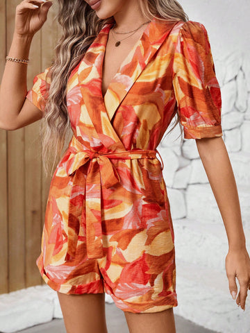 Printed Short Sleeve Romper With Shawl Collar And Cinched Waist