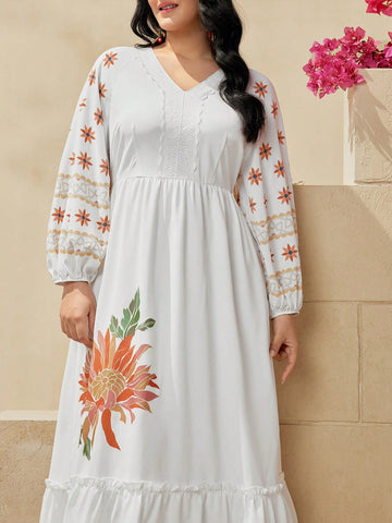 Plus Size Women's Floral Print Lantern Sleeve V-Neck Dress