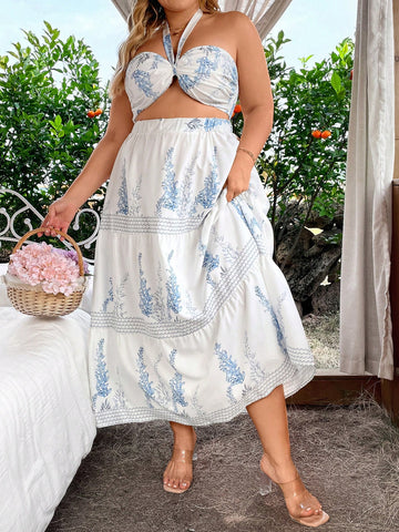 Plus Size Women's Cropped Halter Top And Skirt Set With Botanical Print