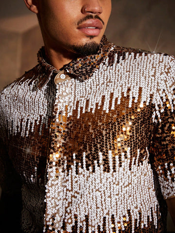 Men's Knitted Casual Color Block & Sequined Short Sleeve Shirt