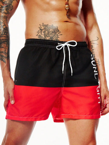 Men's Red Black Color Block Letter Print Drawstring Waist Beach Shorts, For Summer, Swimming