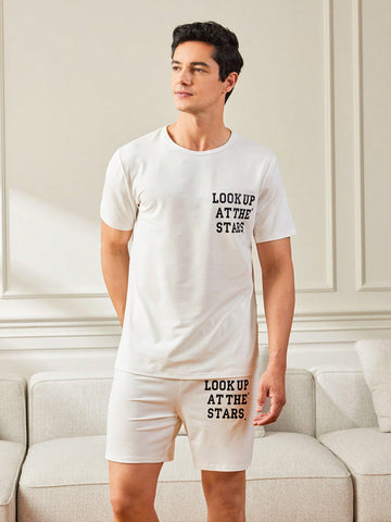 Men's Slogan Print Short Sleeve T-Shirt And Shorts Homewear