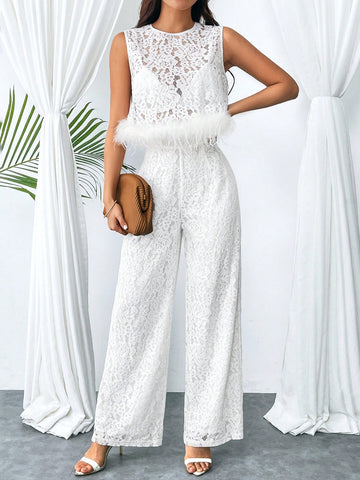Summer Hen Party Elegant White Women's Decorated Lace Tank Top And Wide Leg Pants Two-Piece Set For Wedding Season