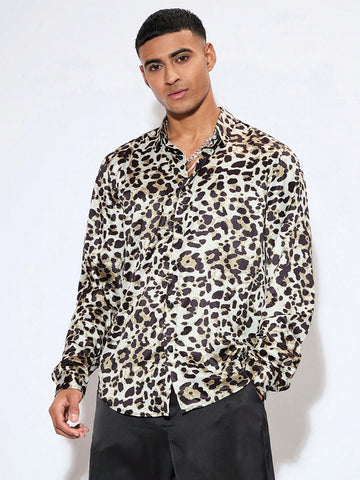 Men's Slim Fit Stretchy Leopard Print Satin Shirt With Turn-Down Collar