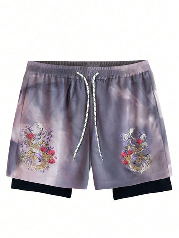 Men's Chinese Dragon Printed Drawstring Waist Sports Shorts