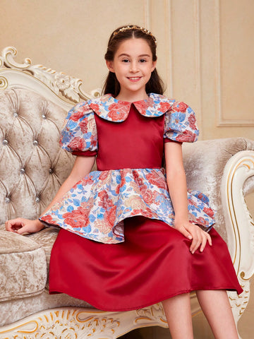 Tween Girls' Floral Print Dress With Fitted Waist, Puff Sleeves And Peter Pan Collar