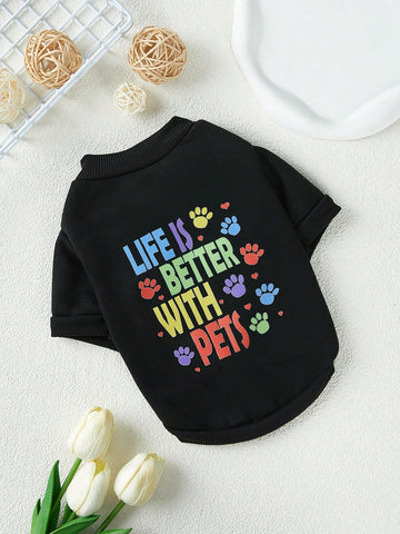 1pc Cute Footprint & Slogan Printed Black Pet Dog & Cat Graphic Sweatshirt Without Hood