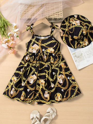 Young Girl's Summer Chain Print Spaghetti Strap Dress, Suitable For Daily Wear, Holidays And Festivals