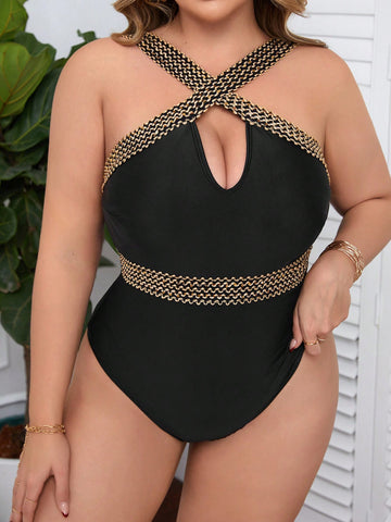 Plus Size Hollow Out Mesh Splicing One Piece Swimsuit With Strap