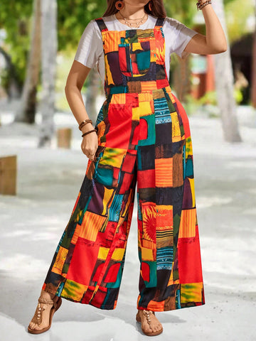 Plus Size Patchwork Printed Overalls Jumpsuit
