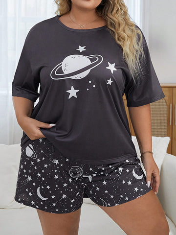 Plus Size Printed Star Short Sleeve Top & Shorts Casual Pajama Set