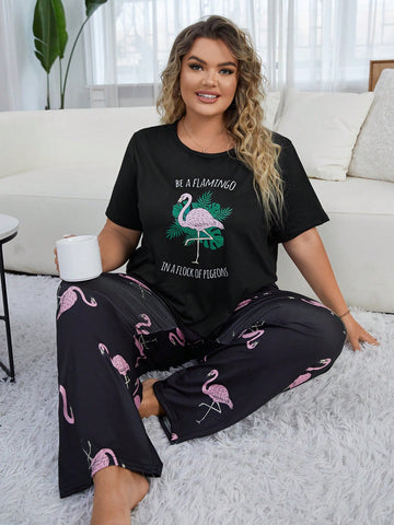 Plus Size Women's Round Neck Short Sleeve Long Pants Fun & Casual Black Pink Crane Printed Comfortable Pajama Set, Also Suitable For Streetwear