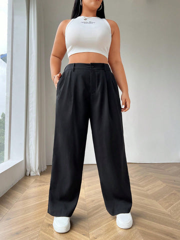 Plus Size Casual Solid Color Simple Suit Pants With Pockets