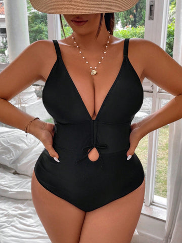 Plus Size Women's Hollow Out Waist Cami One Piece Swimsuit