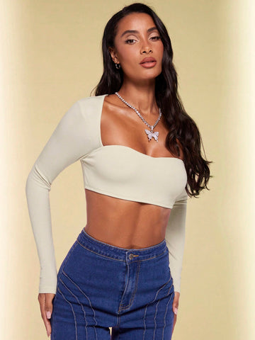 Sexy Crop Top With Long Sleeve And Square Neckline, Suitable For Dating, Party, Night Club, Holiday, Music Festival