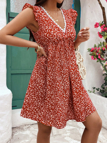 Summer Women's Spliced Lace Printed Butterfly Sleeve Dress, Sundress, Spring Summer Outfit