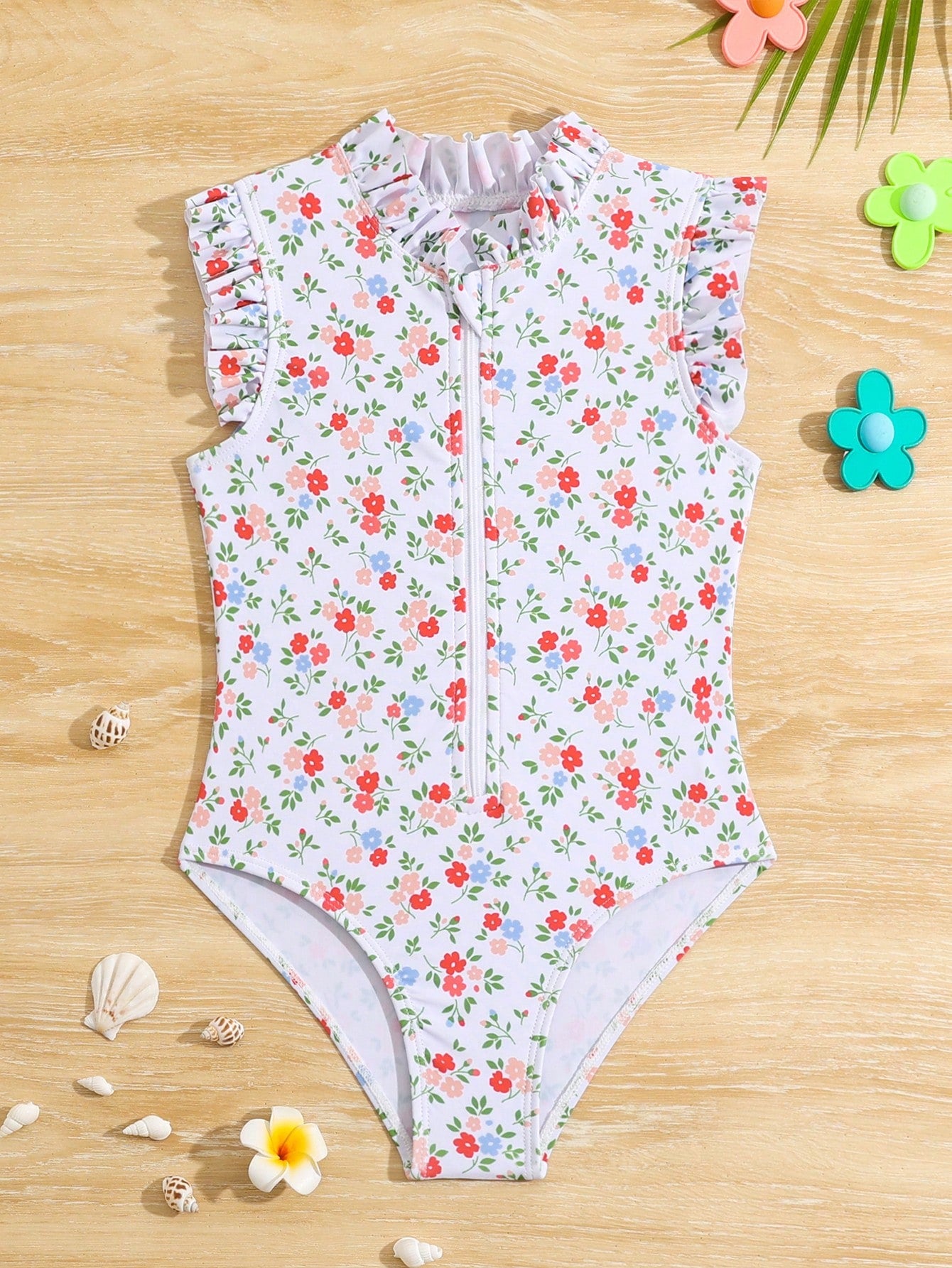Young Girl Small Floral Print Front Zipper One-Piece Swimsuit