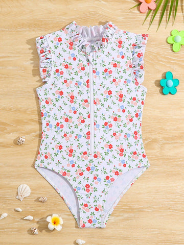 Young Girl Small Floral Print Front Zipper One-Piece Swimsuit