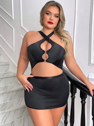 Plus Size Sleeveless Halter Neck Hollow Out Mini Dress With Circular Detail + Thong