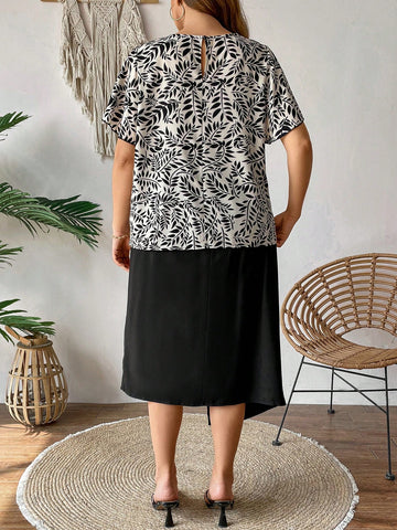 Plus Size Women's Botanical Print Shirt With Keyhole Neckline And Skirt 2 Piece Set