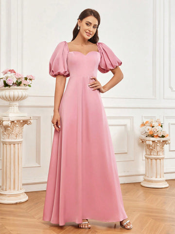 Bridesmaid Dress With Sweetheart Neckline, Puff Sleeves, Woven Satin Fabric And A-Line Elegant Style