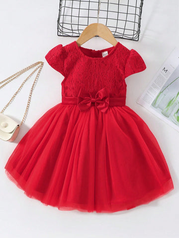 Toddler Girl Dress Gorgeous Lace Mesh Patchwork Dress With Bowknot Decoration