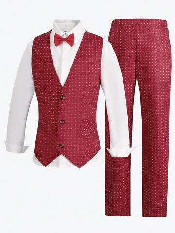 Tween Boys' Gentleman Style Two Piece Set Including Red Single-Breasted Printed Vest And Pants, Suitable For Birthday Party, Performance And Wedding