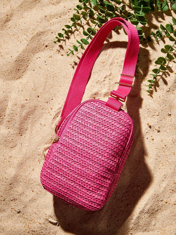 Women's Fashionable And Simple Rose Red Woven Straw Crossbody Bag, Ideal For Ladies, Women, Beach, Vacation, Holiday And Summer
