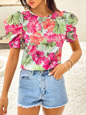 Women's Floral Printed Round Neck Short Puff Sleeve Blouse