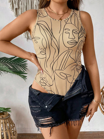 Plus Size Women's Abstract Face Printed Sleeveless Bodysuit