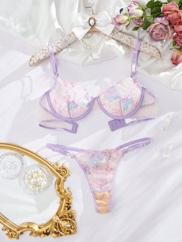 Purple Romantic Valentine's Day Embroidery Detail Lingerie Set With Metallic Decorations