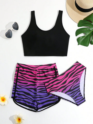 Teen Girls' Two-Piece Swimsuit With Zebra Print Summer Swimming,Beach Bikini Top And Bottom And Shorts