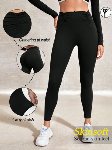 Solid Color Pleated Sports Leggings