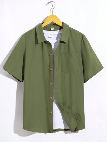 Teen Boys' Casual Solid Color Turn-Down Collar Pocketed Loose Fit Thin Shirt
