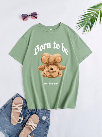 Teen Girls' Casual Short Sleeve Teddy Bear & Letter Print T-Shirt Suitable For Summer