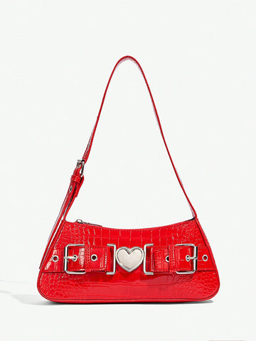 Ladies' Fashionable And Versatile Y2k Sweet And Cool Solid Color Single Shoulder Bag With Cool Heart Decoration And Buckle, Biker Style