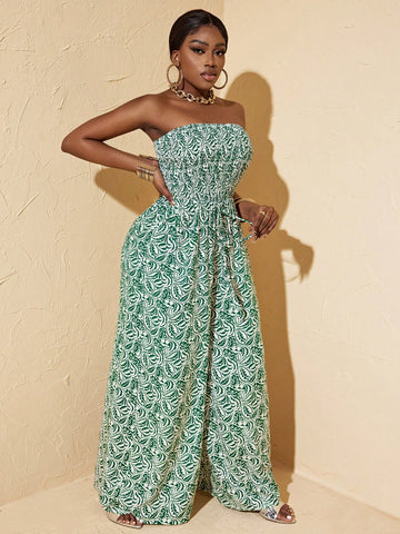 Strapless Wide Leg Jumpsuit With Full Print Pattern