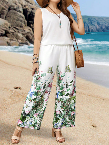 Plus Size Solid Round Neck Loose Fit Sleeveless T-Shirt And Floral Print Straight Leg Pants