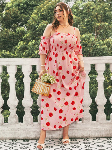 Plus Size Floral Print Off-Shoulder Balloon Sleeve A-Line Maxi Dress