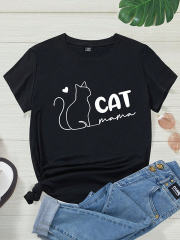 Plus Size Women's Letter & Cat Print Short Sleeve T-Shirt